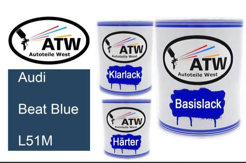 Audi, Beat Blue, L51M: 1L Lackdose + 1L Klarlack + 500ml Härter - Set, von ATW Autoteile West.